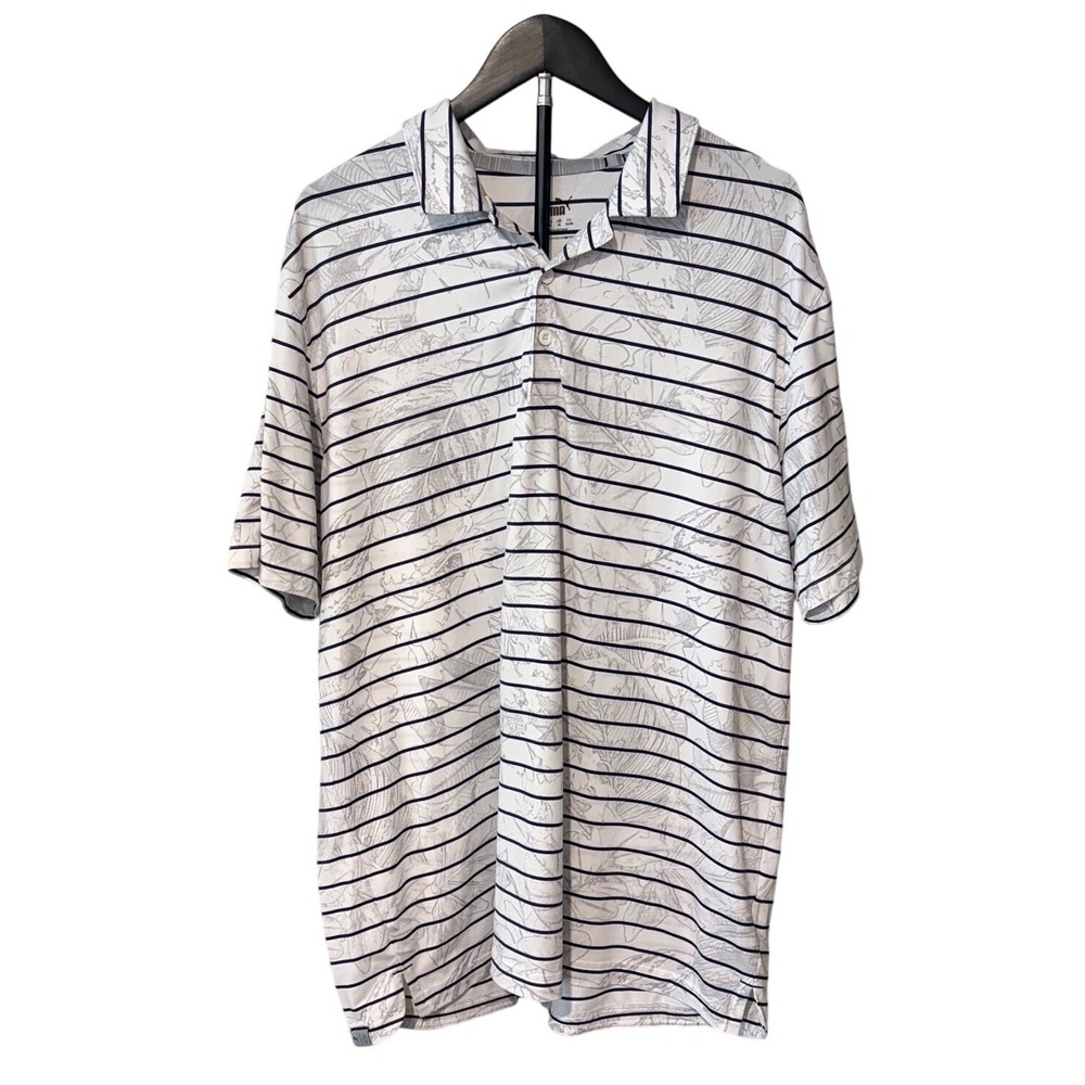 Puma Mens Golf Polo Shirt White Navy Striped Botanical Leaf‎ Print 599109-03 L